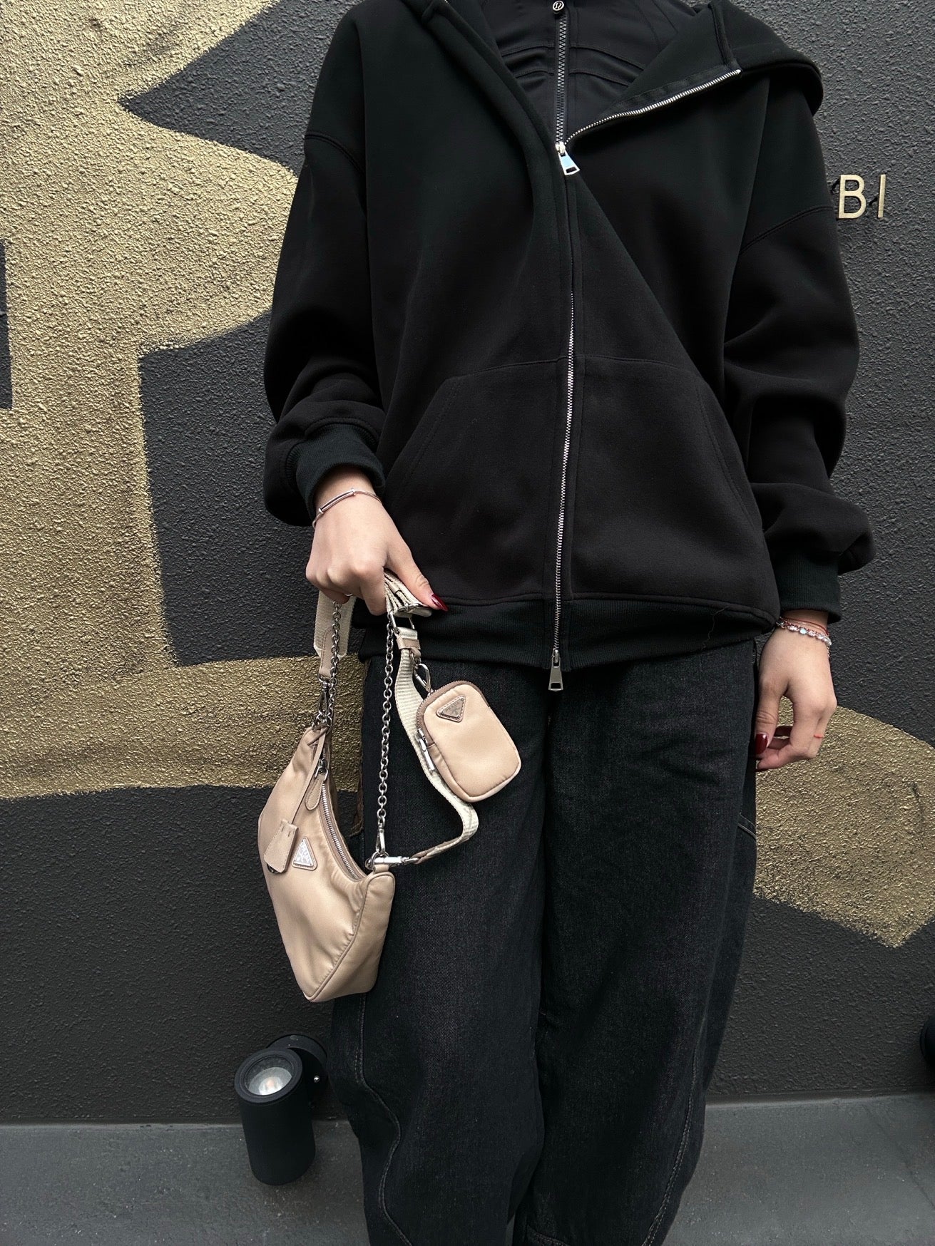 PRADA Handbag, Nylon, Beige with Silver Hardware, Detachable Shoulder Strap Included, Pouch Included, Dust Bag Included