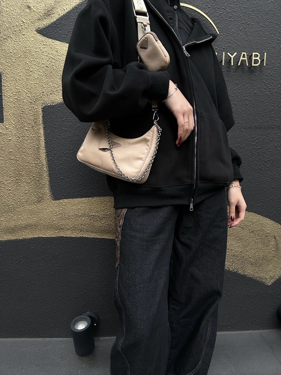 PRADA Handbag, Nylon, Beige with Silver Hardware, Detachable Shoulder Strap Included, Pouch Included, Dust Bag Included