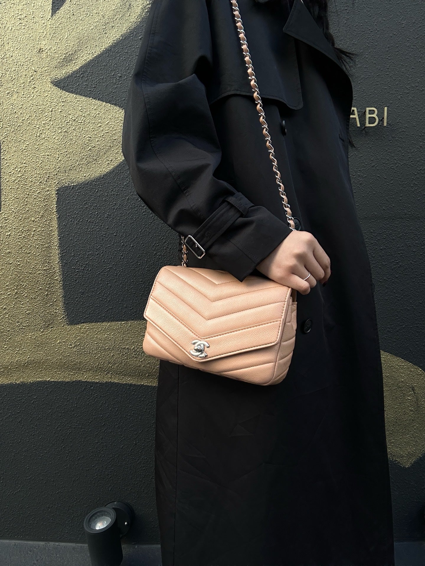 CHANEL Beige Lambskin Quilted V-Stitch Chain Shoulder Crossbody Bag with Silver Hardware & Authenticity Card