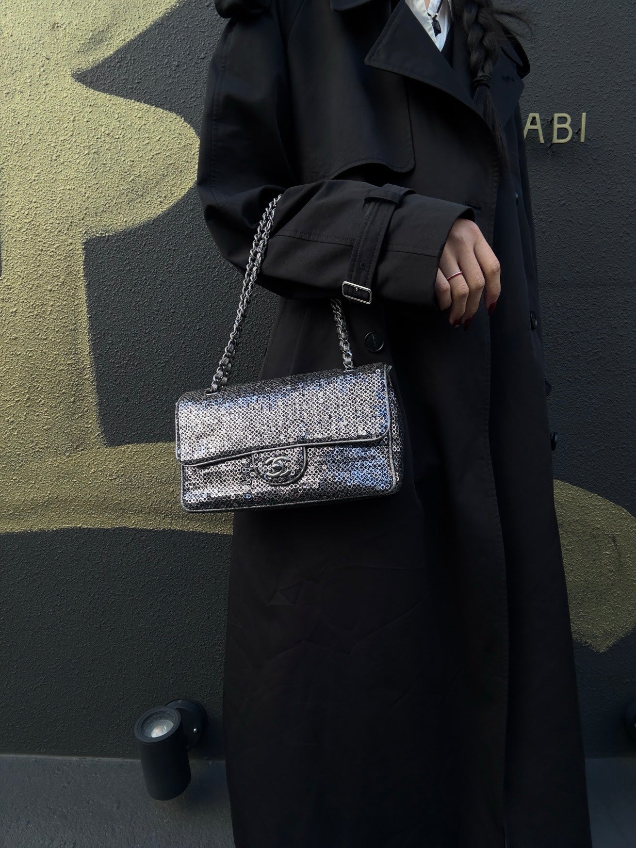 CHANEL Chain Shoulder Bag, Silver Sequins, Silver Hardware