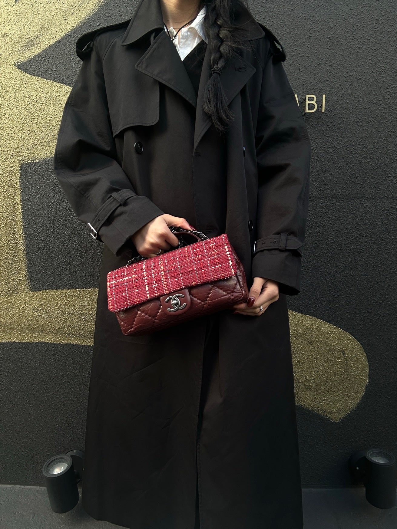 Chanel Classic Flap (CF) Shoulder Bag, Burgundy Tweed & Sheepskin Patchwork, Silver Hardware