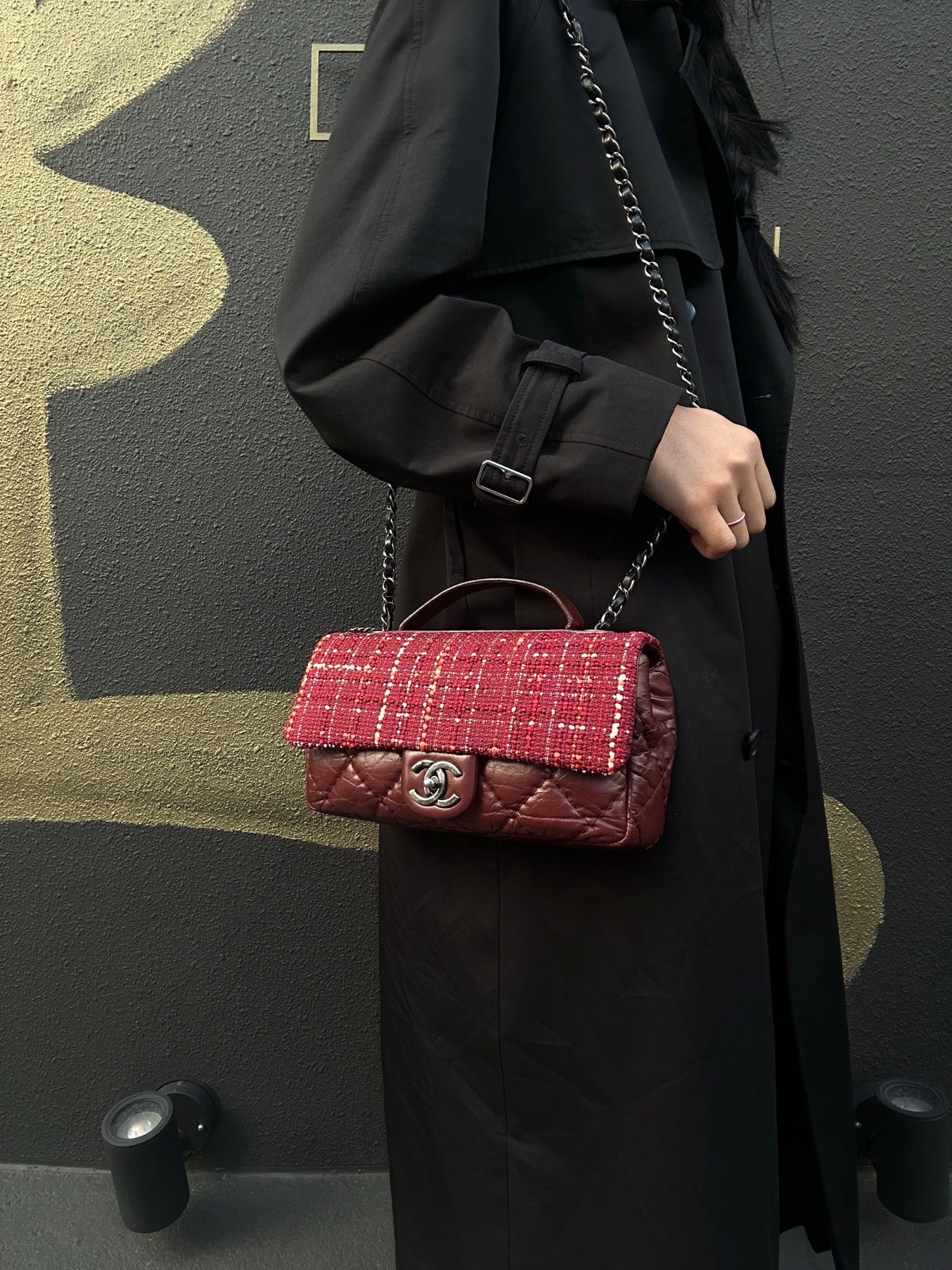 Chanel Classic Flap (CF) Shoulder Bag, Burgundy Tweed & Sheepskin Patchwork, Silver Hardware