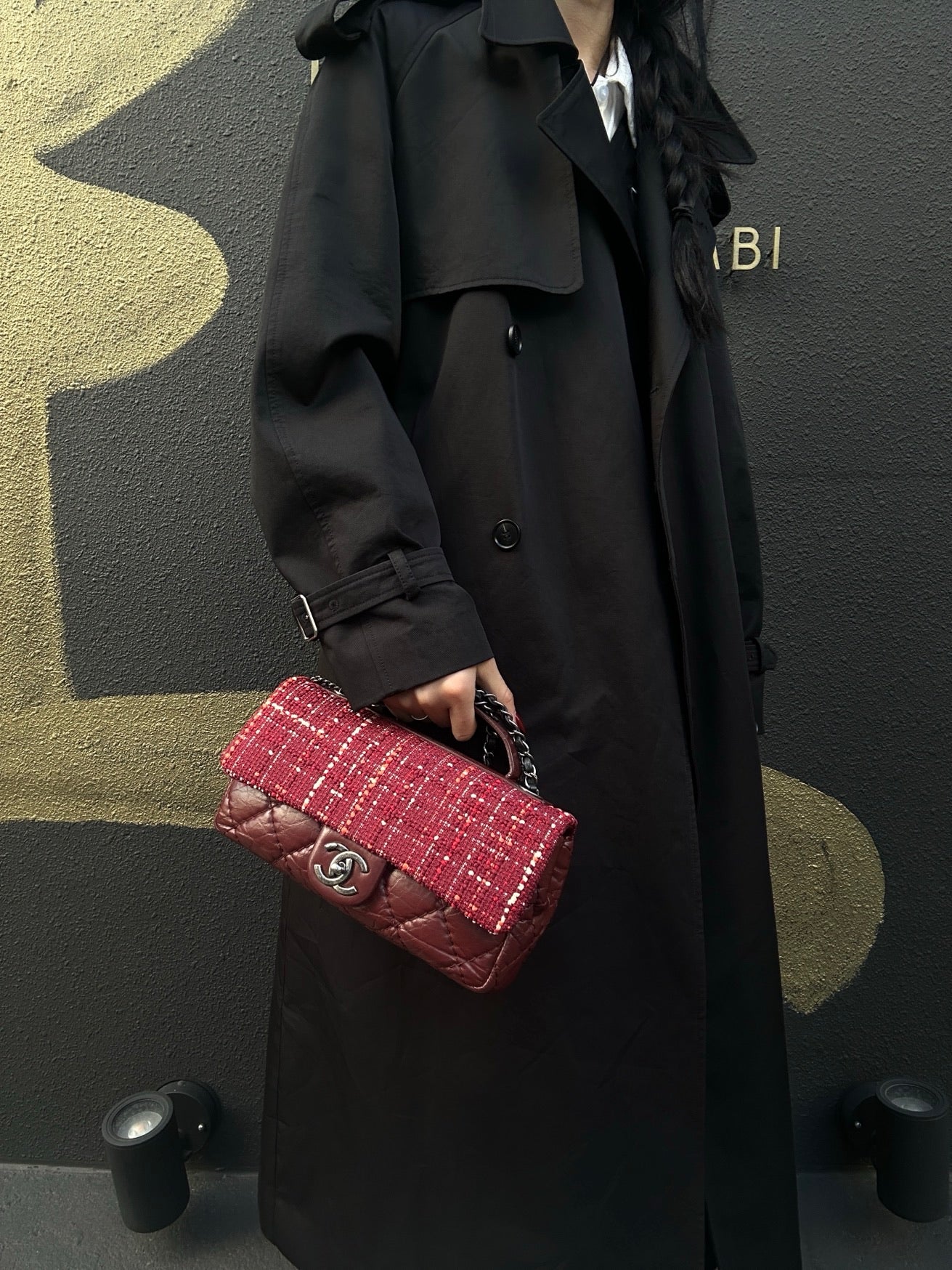 Chanel Classic Flap (CF) Shoulder Bag, Burgundy Tweed & Sheepskin Patchwork, Silver Hardware