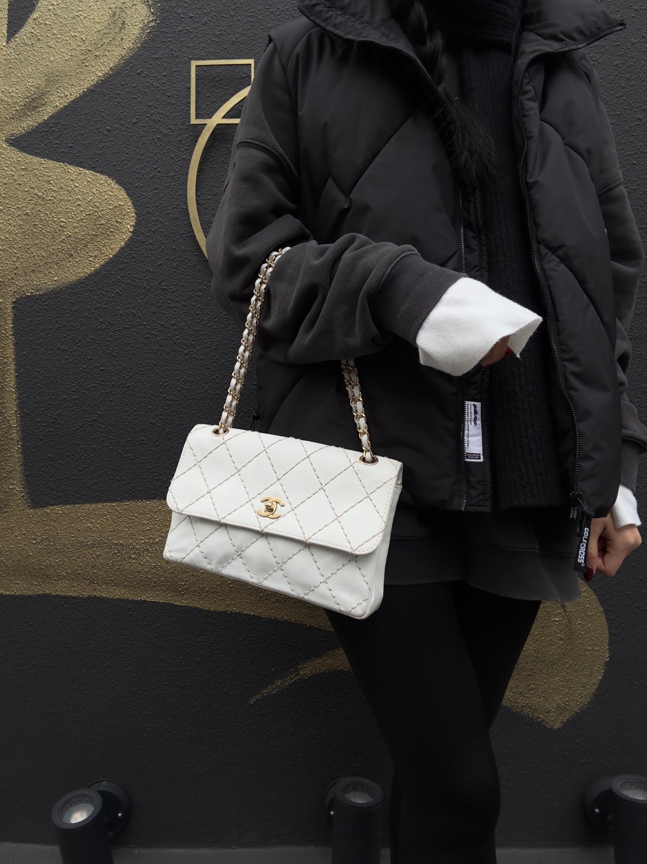 CHANEL Wild Stitch Matelassé Flap Crossbody Bag, Calfskin, White, Gold Hardware