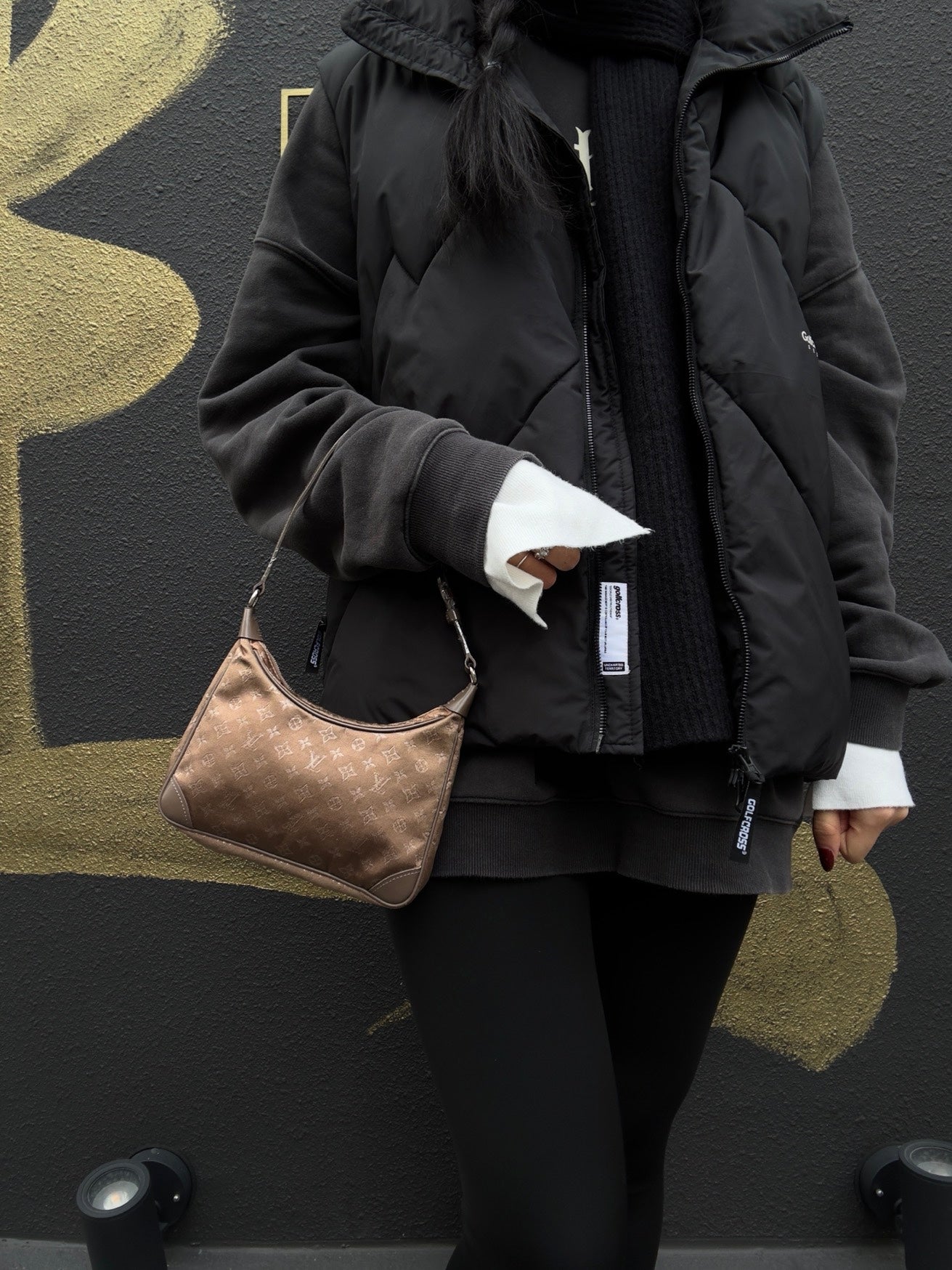 LOUIS VUITTON Little Brown Handbag, Brown & Gold Satin Canvas, Silver Hardware, with Pouch