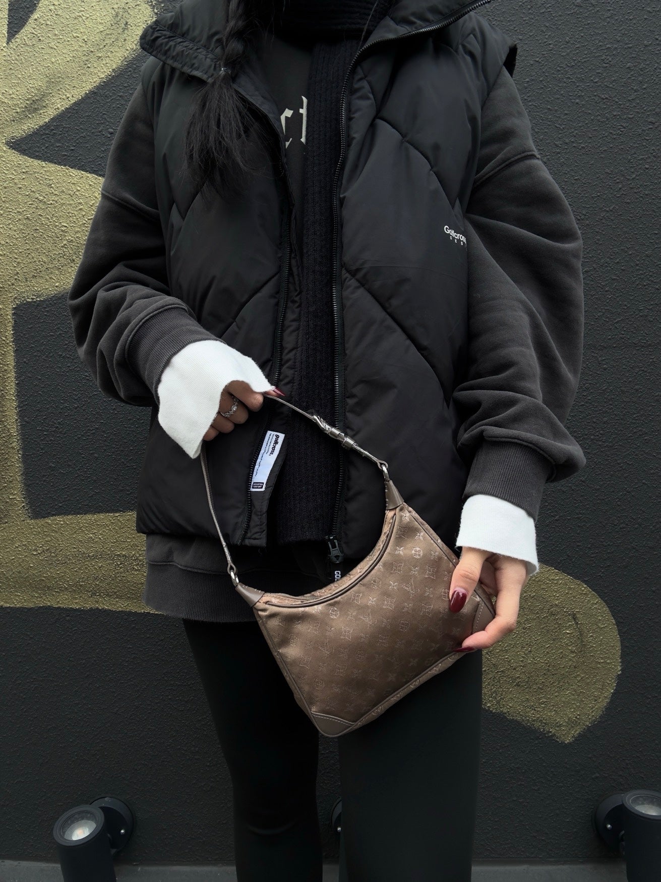 LOUIS VUITTON Little Brown Handbag, Brown & Gold Satin Canvas, Silver Hardware, with Pouch