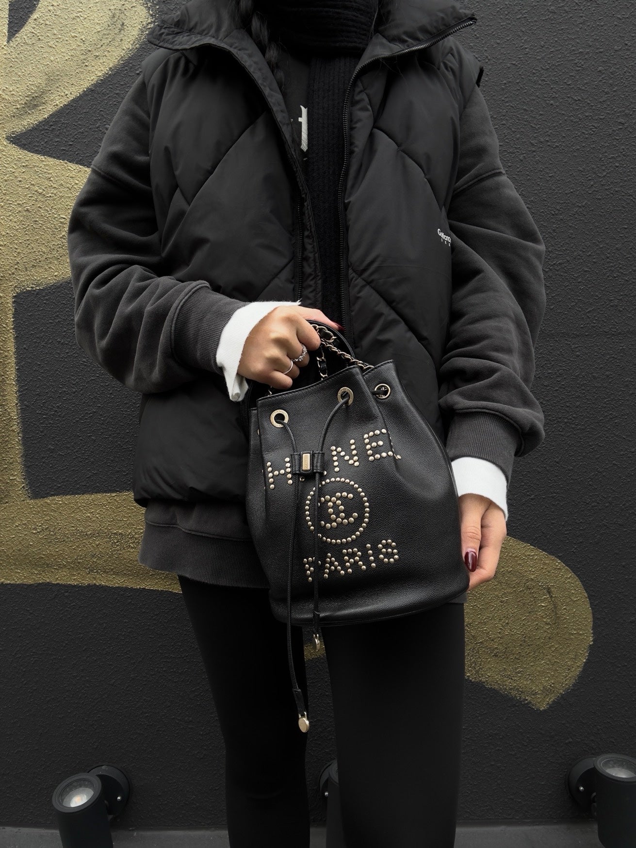 CHANEL Deauville Studded Chain Shoulder Bag, Black Calf Leather, Drawstring Bucket Style, Gold Hardware