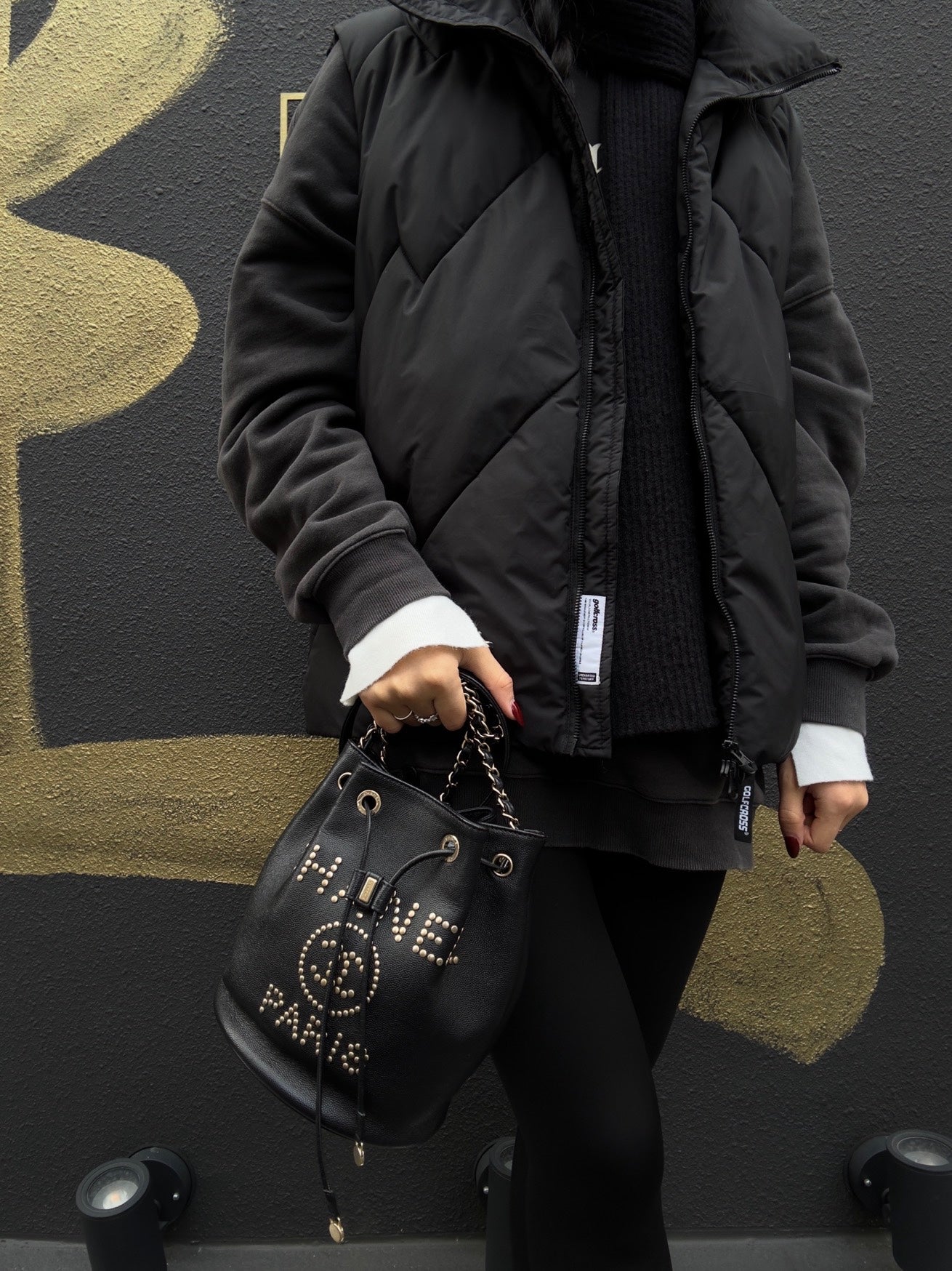 CHANEL Deauville Studded Chain Shoulder Bag, Black Calf Leather, Drawstring Bucket Style, Gold Hardware