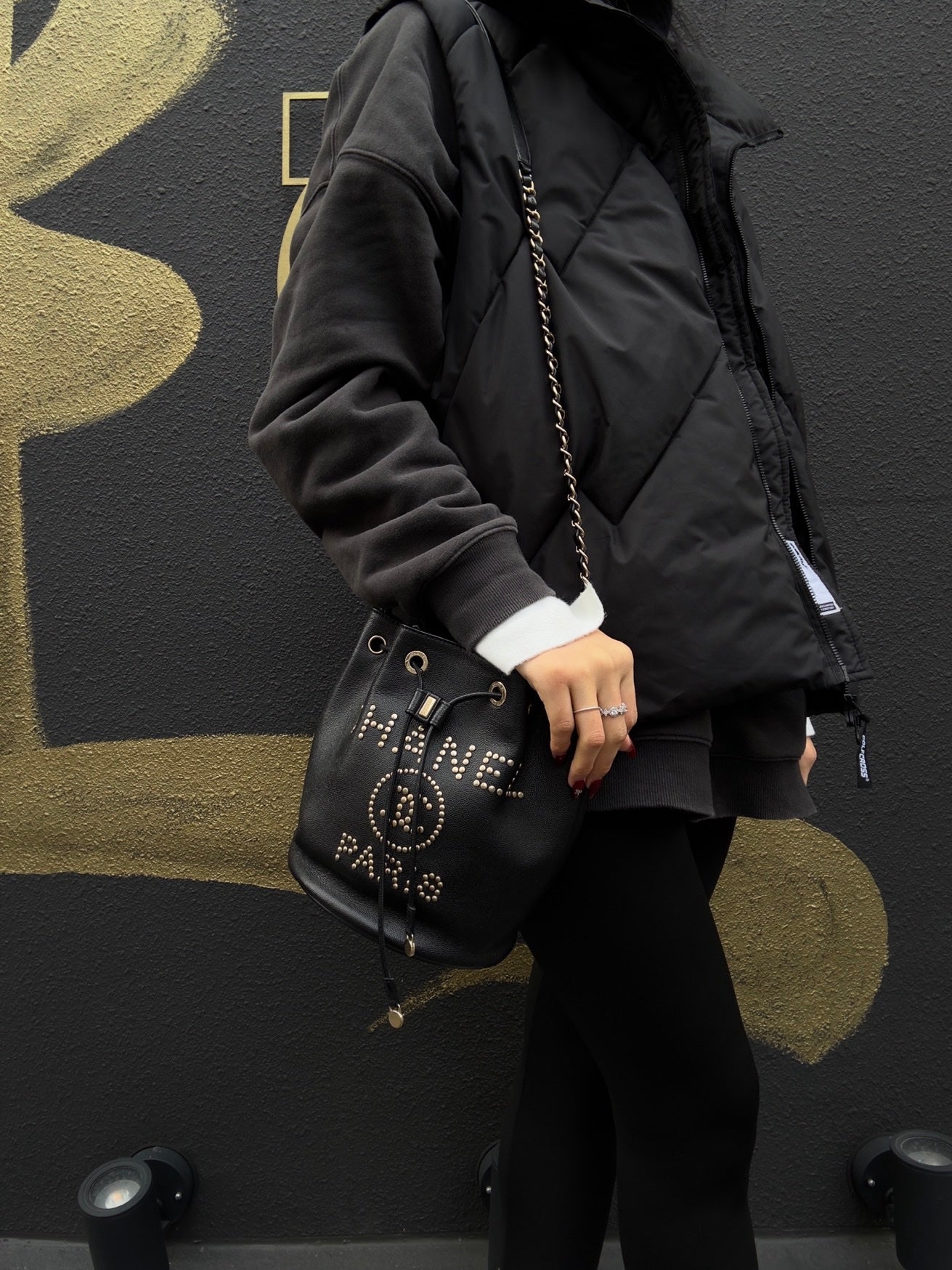 CHANEL Deauville Studded Chain Shoulder Bag, Black Calf Leather, Drawstring Bucket Style, Gold Hardware