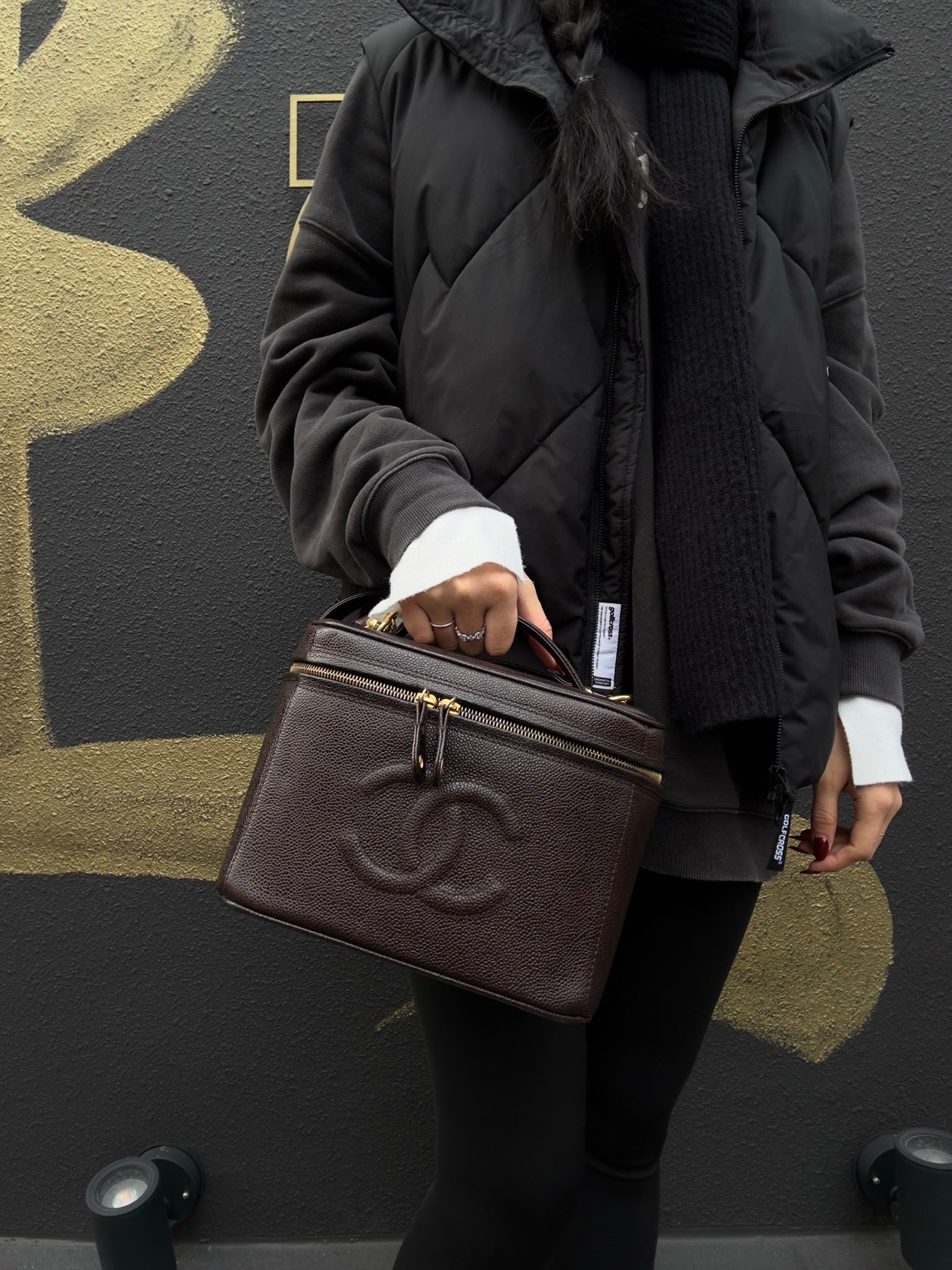 CHANEL Coco Mark Vanity Bag, Brown Caviar Leather, Gold Hardware, with Shoulder Strap & Guarantee Card
