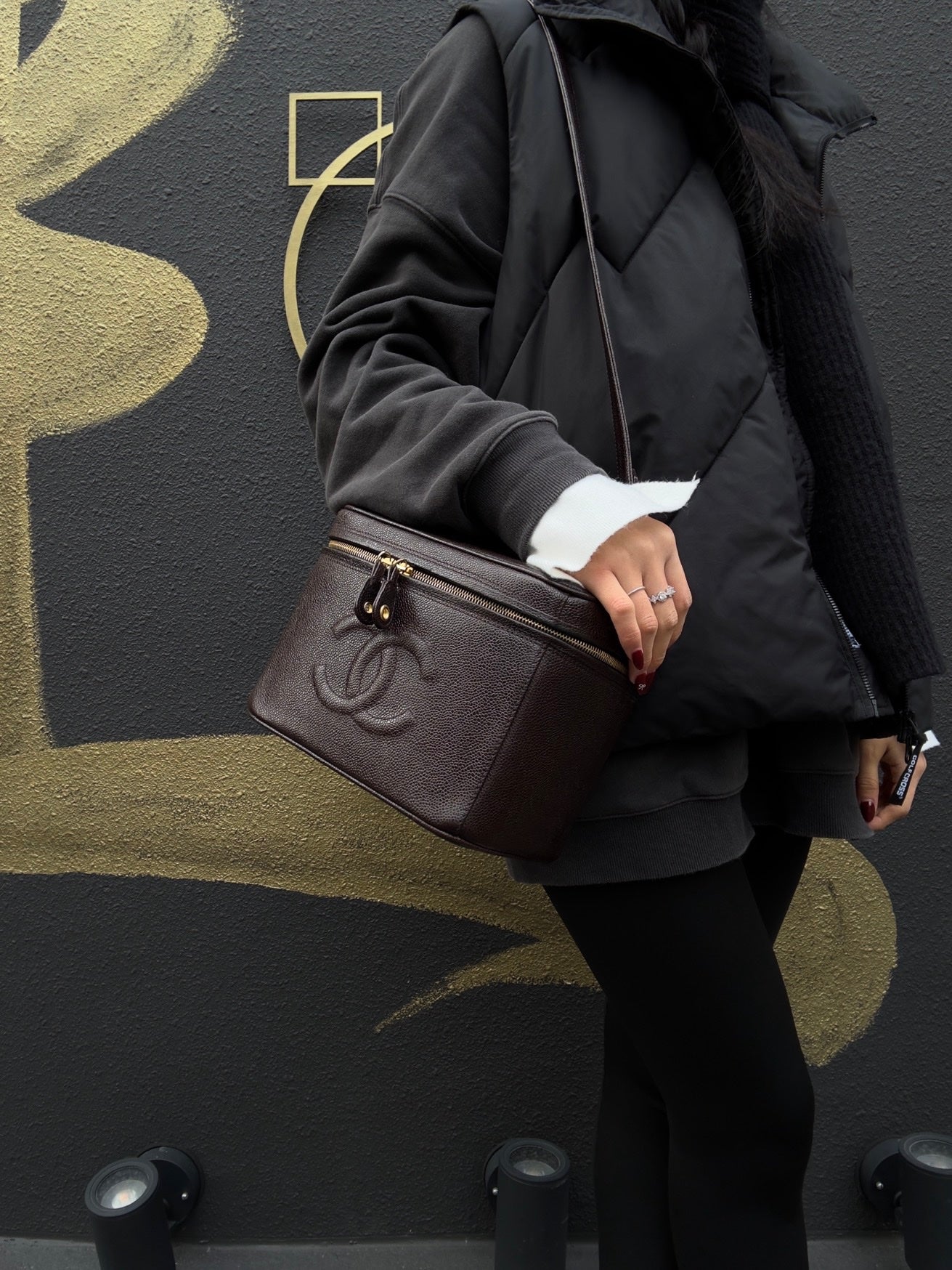 CHANEL Coco Mark Vanity Bag, Brown Caviar Leather, Gold Hardware, with Shoulder Strap & Guarantee Card