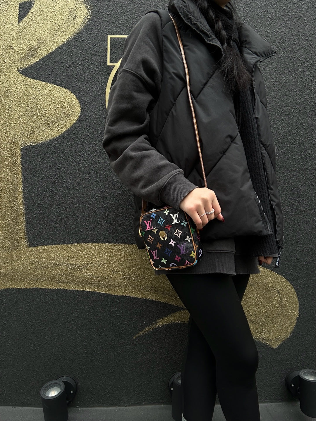 LOUIS VUITTON Multicolor Black PVC Shoulder Crossbody Bag with Gold Hardware