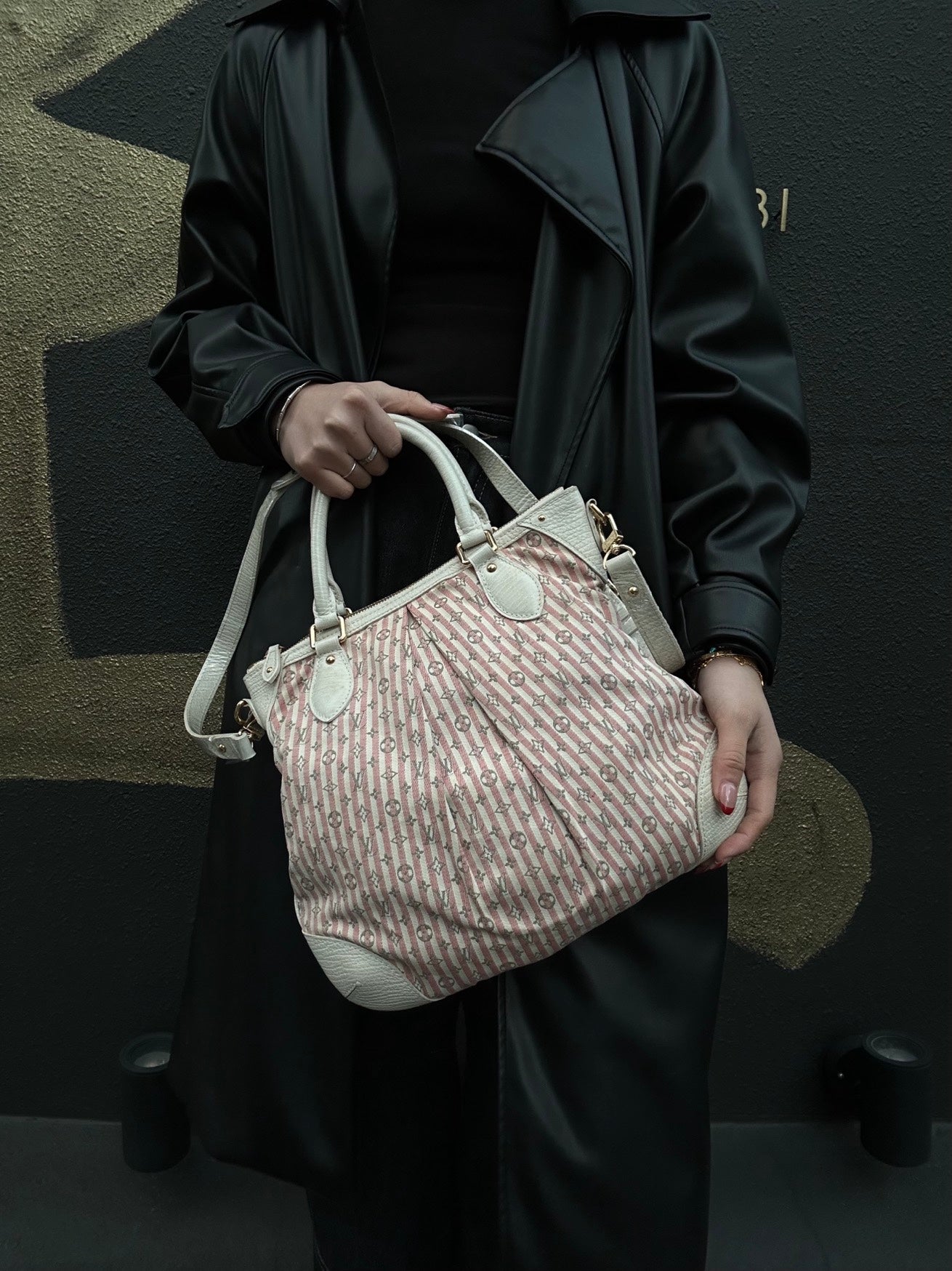 LOUIS VUITTON Monogram Mini Marina PM Handbag, Pink Denim with Stripes, with Shoulder Strap