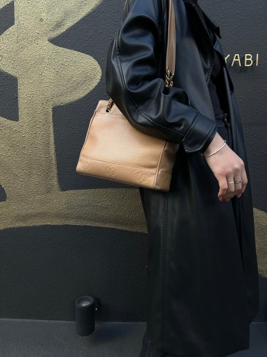 CHANEL Caviar Leather Triple Coco Shoulder Bag (Beige, Gold Hardware, with Guarantee Card)