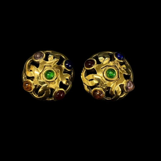 CHANEL Gripoix Earrings, Multi-color Stones, Gold-tone Metal Fittings, Gold Alloy Colorful Crystal Ear Clips
