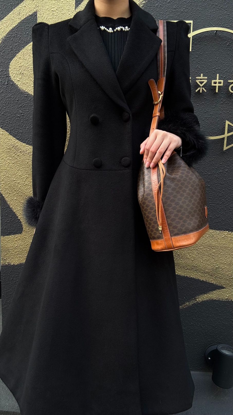 CELINE Macadam Drawstring Shoulder Bag, Brown, Gold Hardware