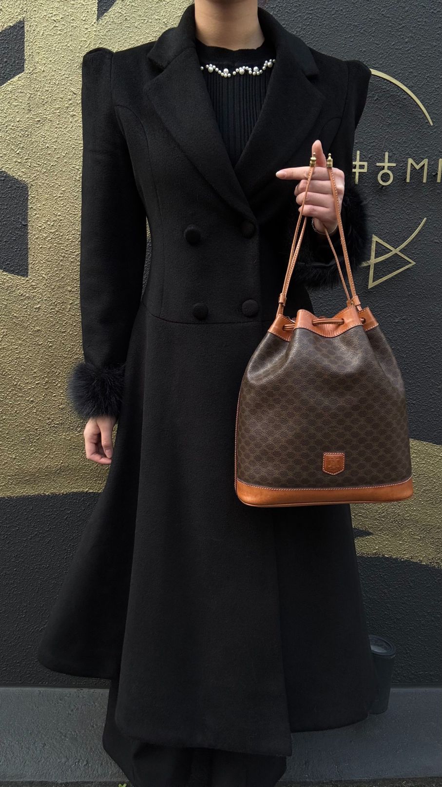 CELINE Macadam Drawstring Shoulder Bag, Brown, Gold Hardware