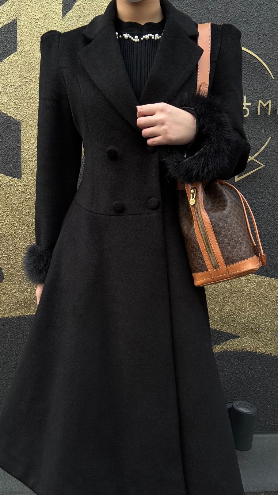 CELINE Macadam Drawstring Shoulder Bag, Brown, Gold Hardware, CELINE Monogram PVC