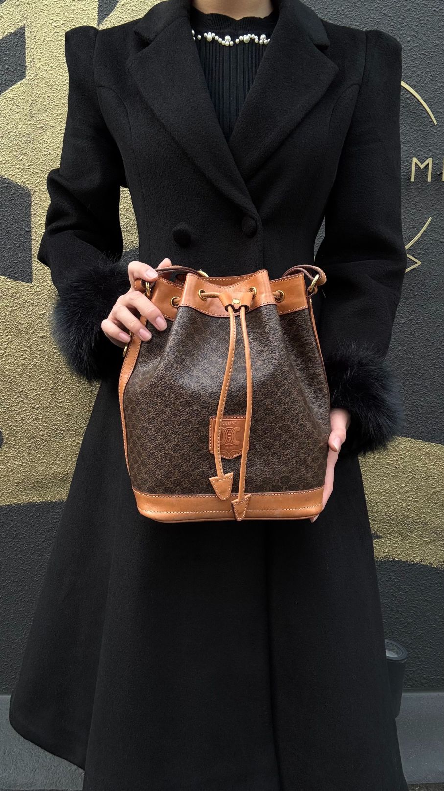 CELINE Macadam Drawstring Shoulder Bag, Brown, Gold Hardware, CELINE Monogram PVC