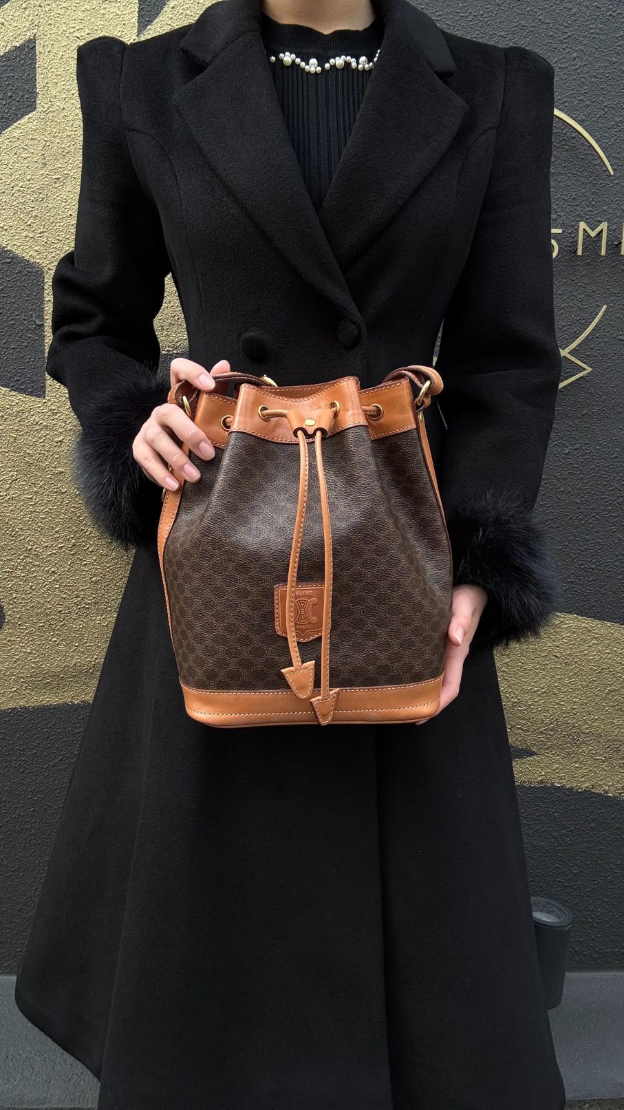 CELINE Macadam Drawstring Shoulder Bag, Brown, Gold Hardware, CELINE Monogram PVC