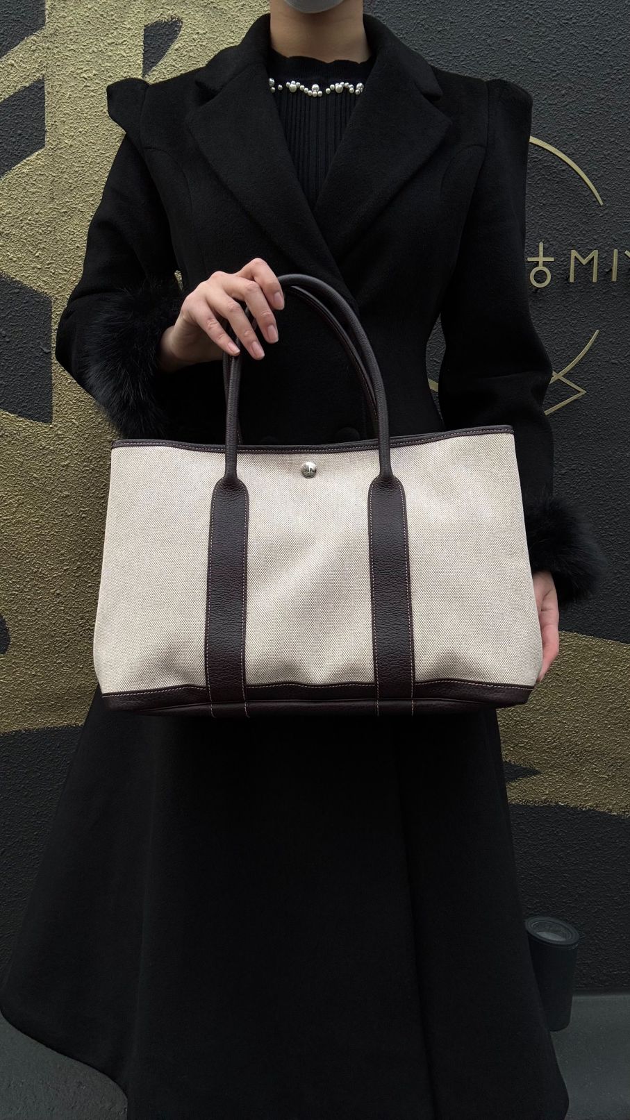 HERMES Garden Party PM Tote Bag, Beige, Canvas