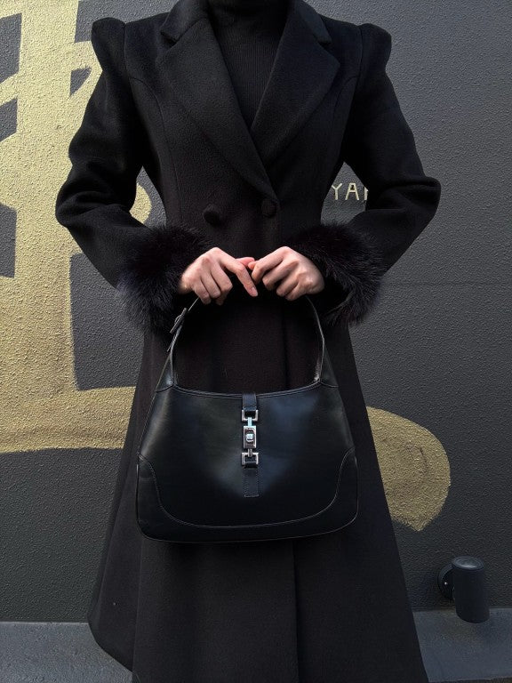 GUCCI Jackie Shoulder Bag, Black Leather with Silver Hardware