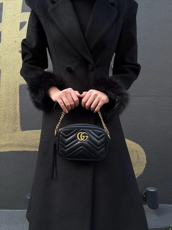 GUCCI GG Marmont Mini Camera Bag, Leather, Black, Gold Hardware
