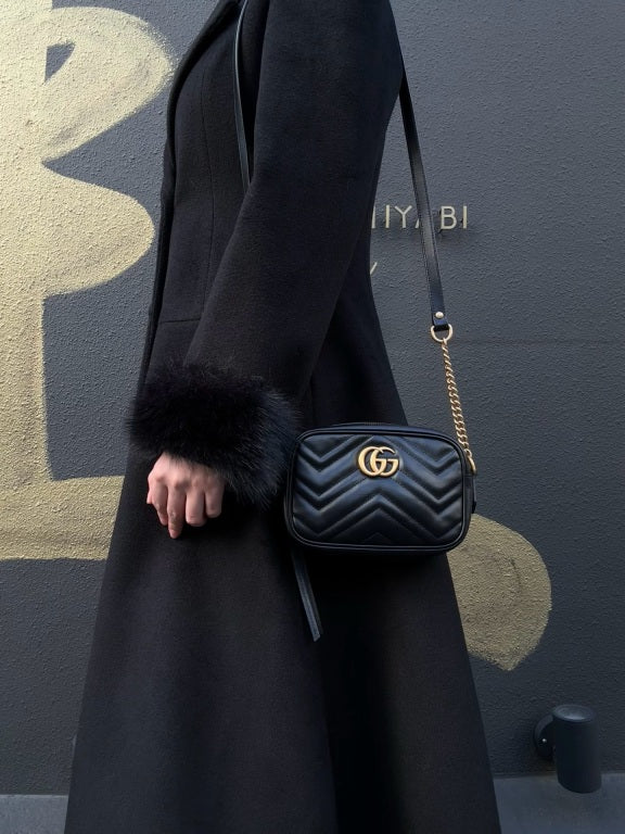 GUCCI GG Marmont Mini Camera Bag, Leather, Black, Gold Hardware