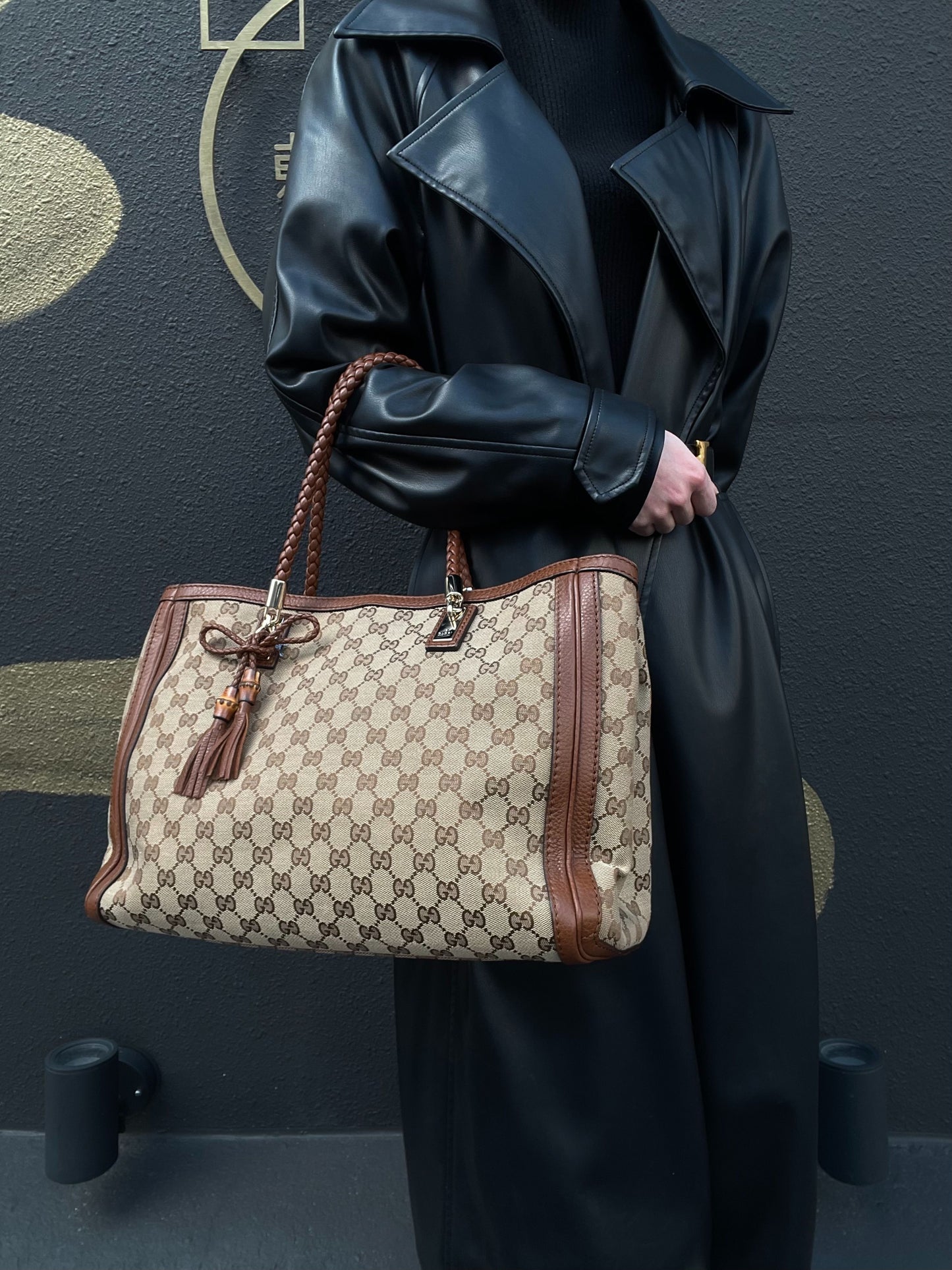 GUCCI GG Canvas Brown Tote Bag with Tassel & Gold Hardware