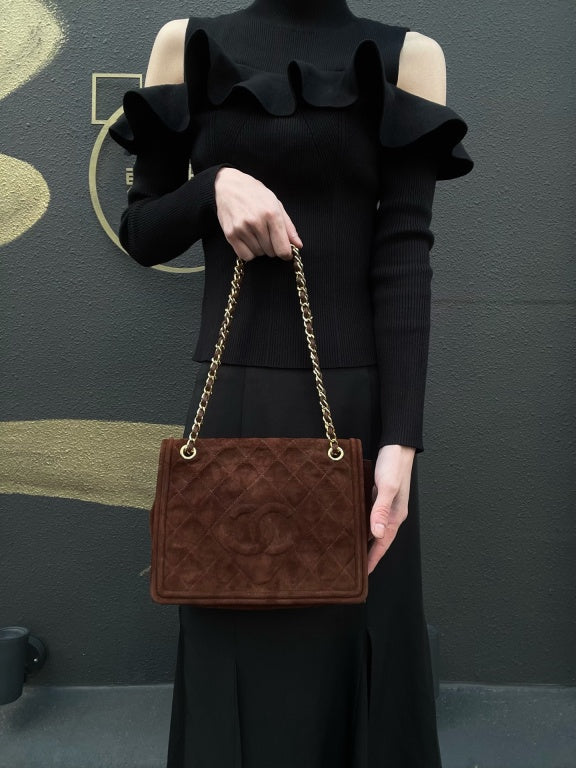 CHANEL Coco Mark Chain Shoulder Bag Brown Suede with Gold Hardware, Includes Guarantee Card