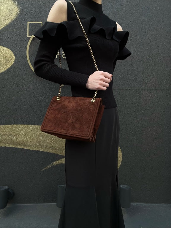 CHANEL Coco Mark Chain Shoulder Bag Brown Suede with Gold Hardware, Includes Guarantee Card