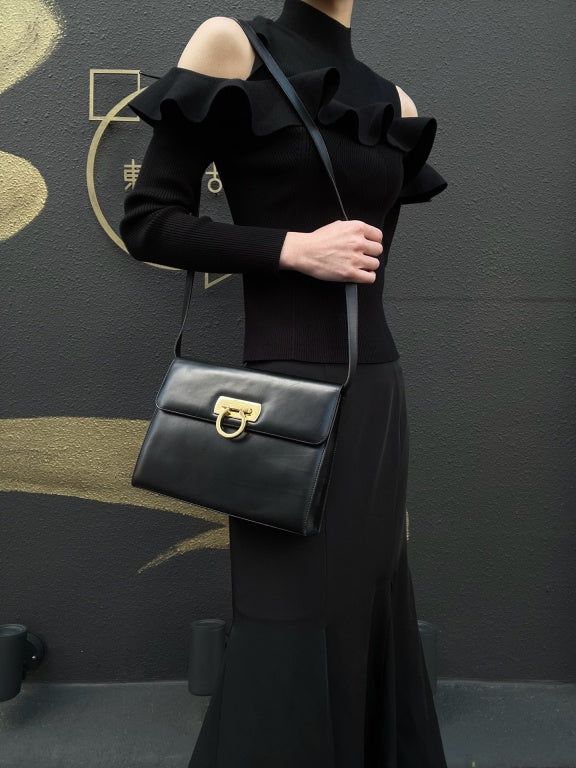 SALVATORE FERRAGAMO Gancini Shoulder Bag Calf Leather Black Gold Gancini Hardware