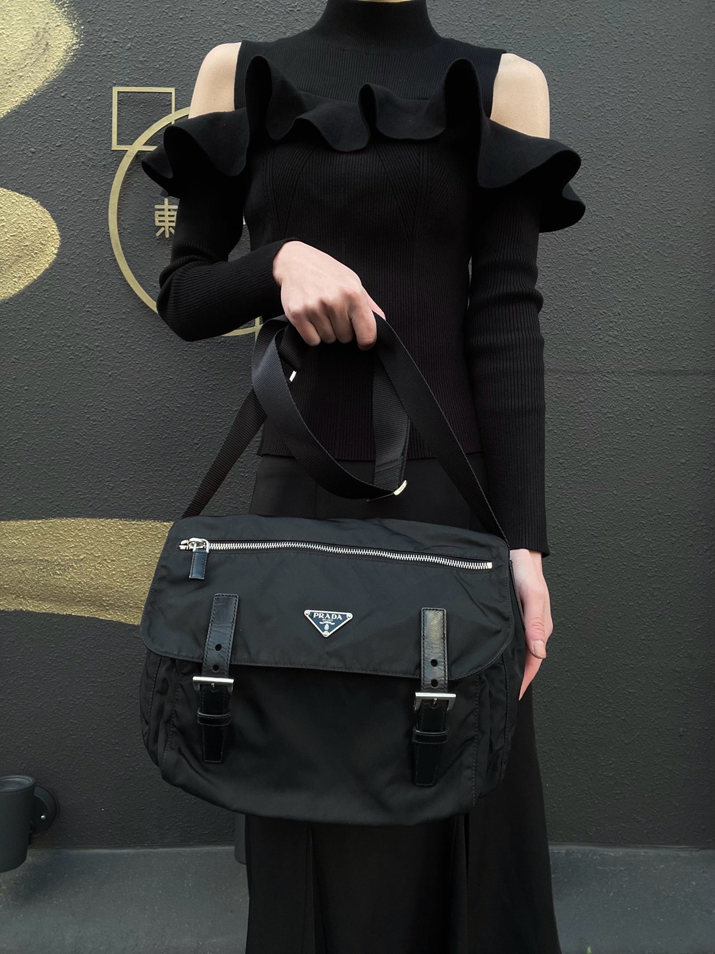 PRADA Messenger Bag, Nylon, Black, Silver Hardware
