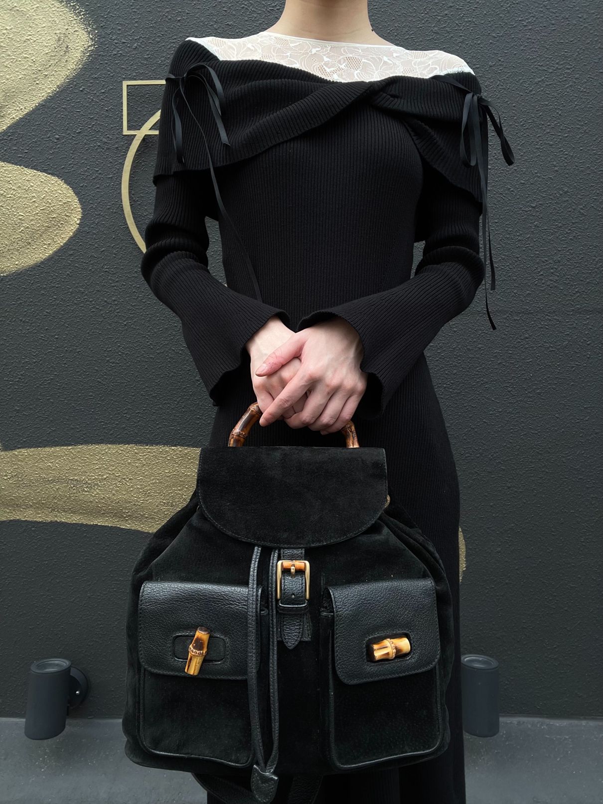 GUCCI Bamboo Backpack, Black Suede