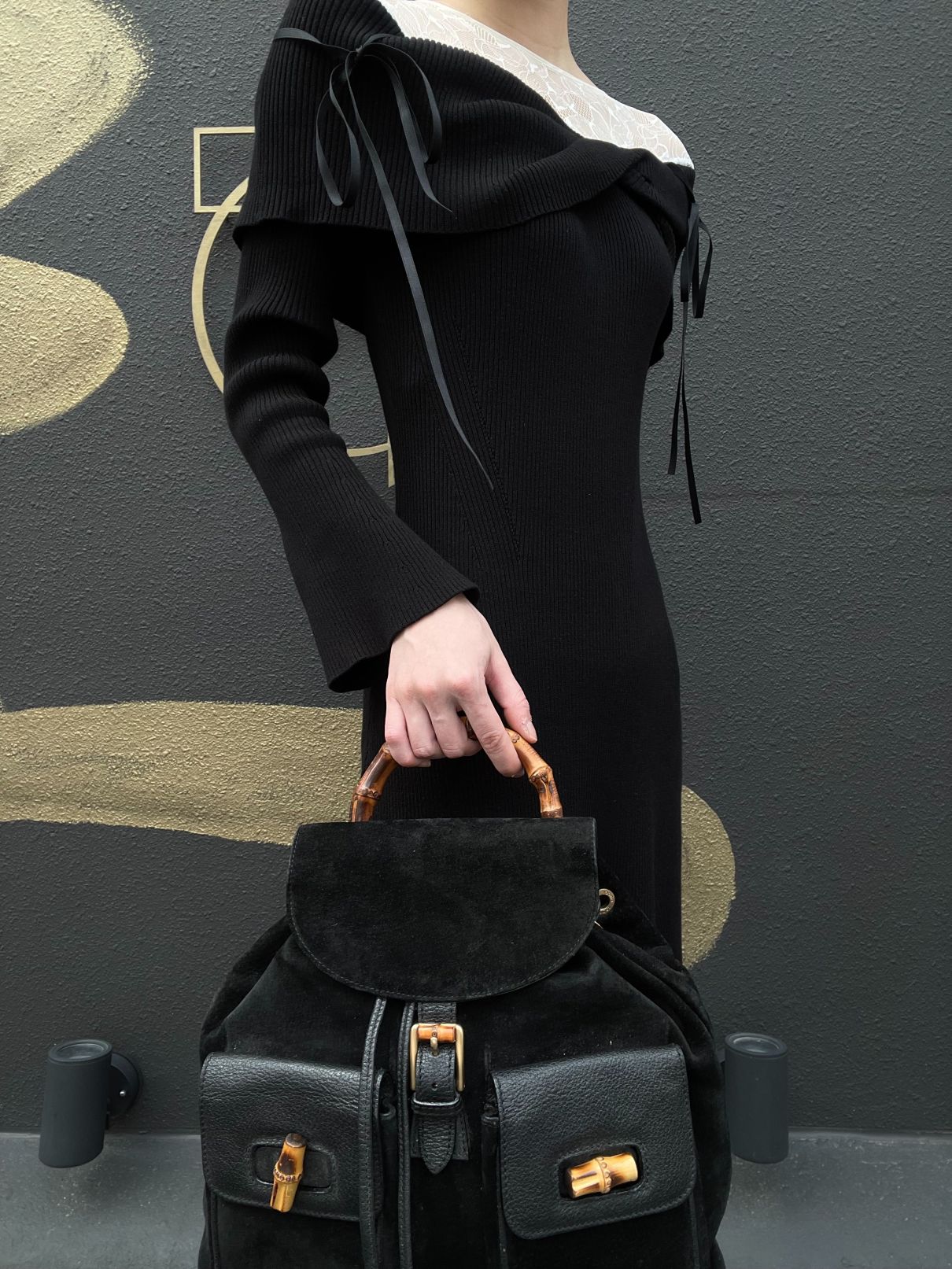 GUCCI Bamboo Backpack, Black Suede