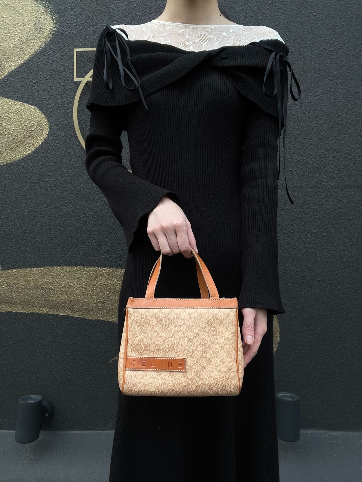 CELINE Macadam Handbag, Beige Canvas Calfskin