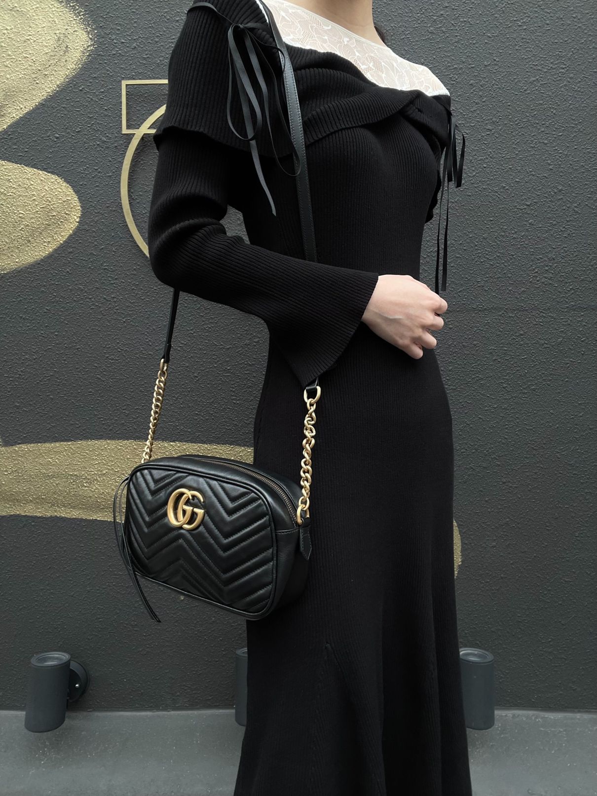 GUCCI GG Marmont Shoulder Bag, Black Leather with Gold Hardware