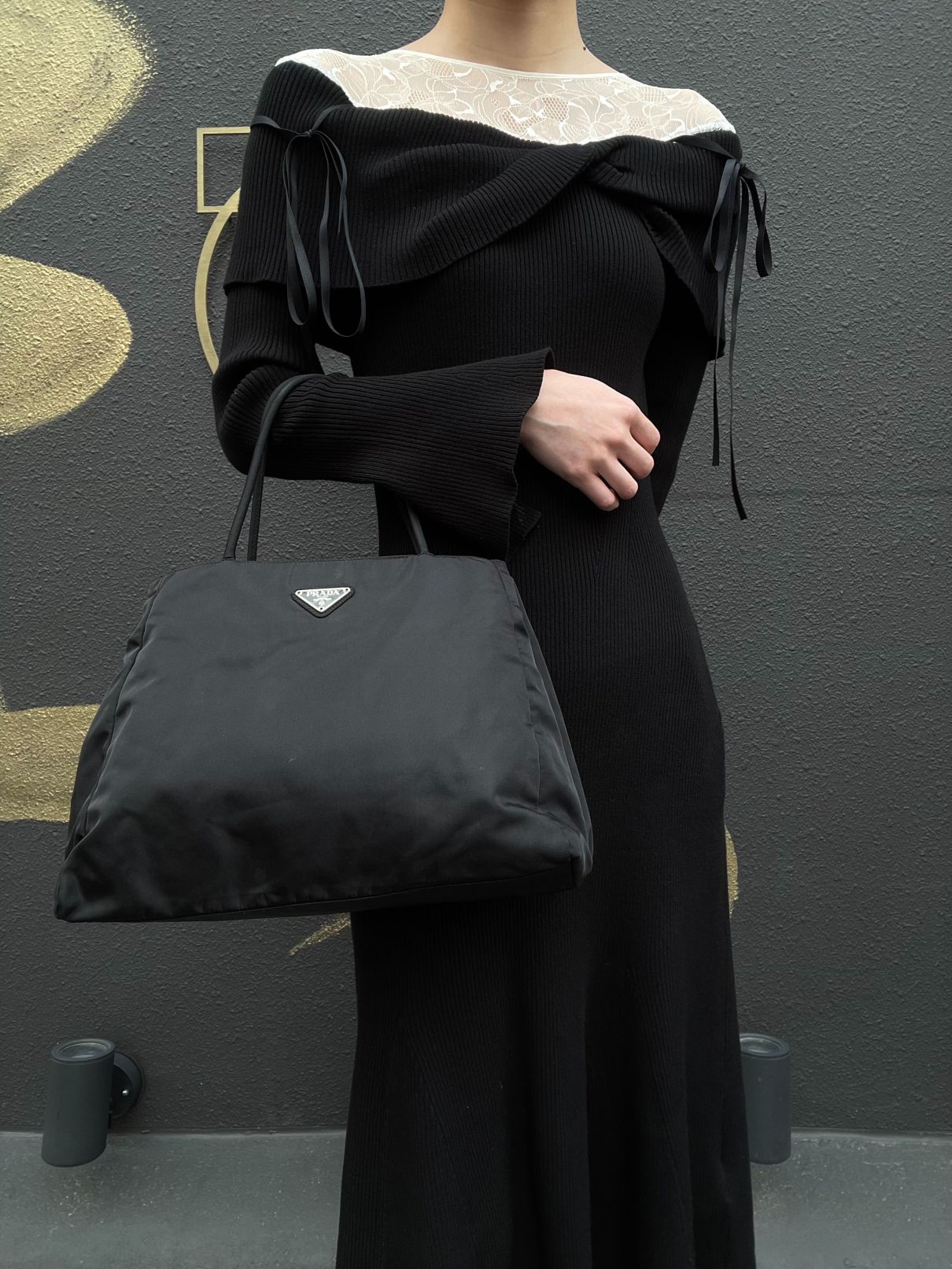 PRADA Tote Bag, Black Nylon Shoulder Bag