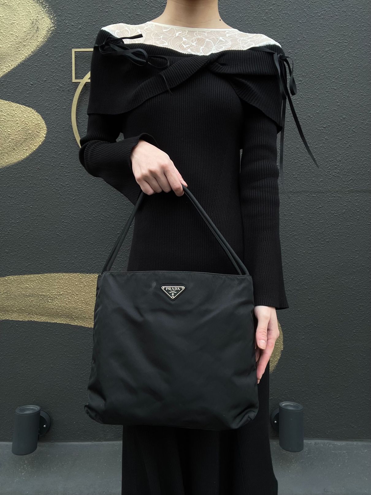 PRADA Black Nylon Tote Shoulder Bag