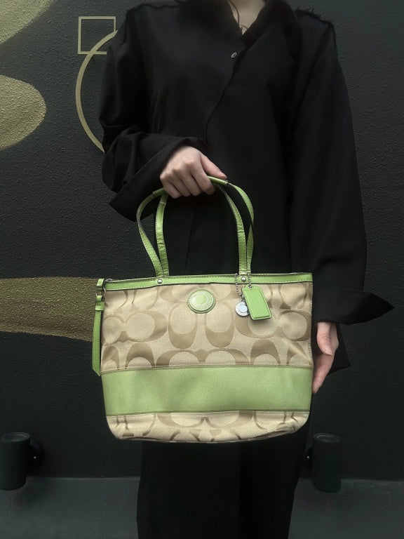 COACH Signature Canvas Tote Shoulder Bag Beige/Green