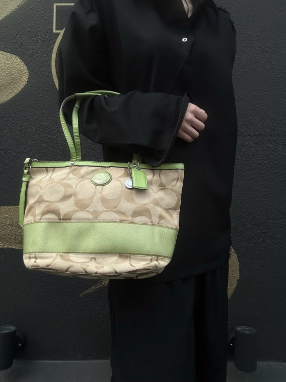 COACH Signature Canvas Tote Shoulder Bag Beige/Green