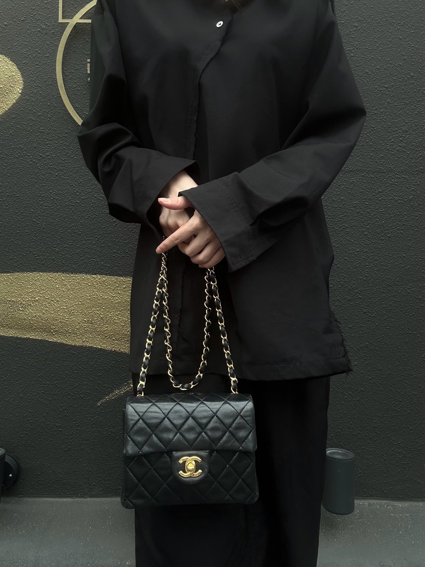 CHANEL Matelasse Mini Flap Chain Shoulder Bag, Black Lambskin, Gold Hardware, With Dust Bag