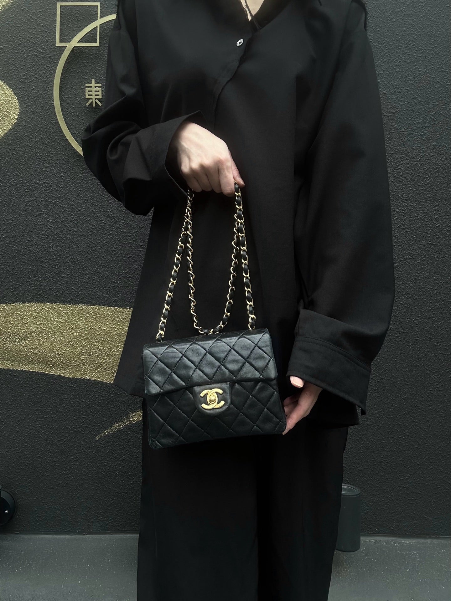 CHANEL Matelasse Mini Flap Chain Shoulder Bag, Black Lambskin, Gold Hardware, With Dust Bag