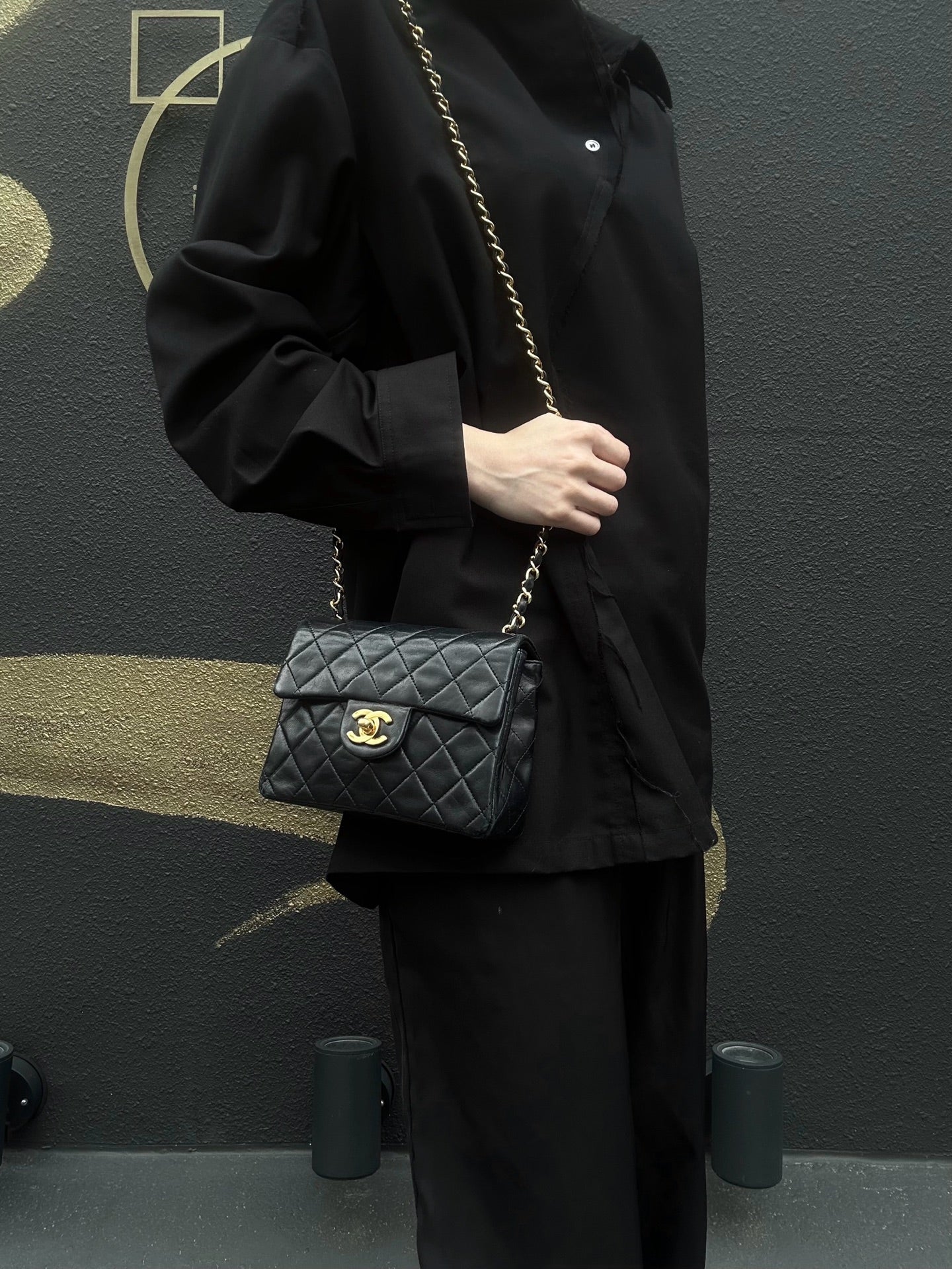 CHANEL Matelasse Mini Flap Chain Shoulder Bag, Black Lambskin, Gold Hardware, With Dust Bag