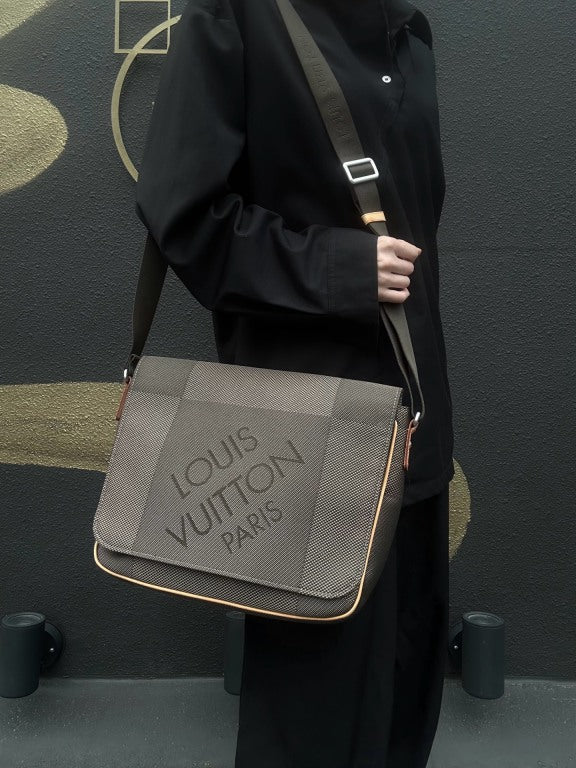 LOUIS VUITTON Damier Jeans Petit Message Shoulder Bag, Damier Jeans Canvas, Vachetta Leather, Damier Jeans Line, Taupe & Brown, LOEWE Gray Canvas Crossbody Bag