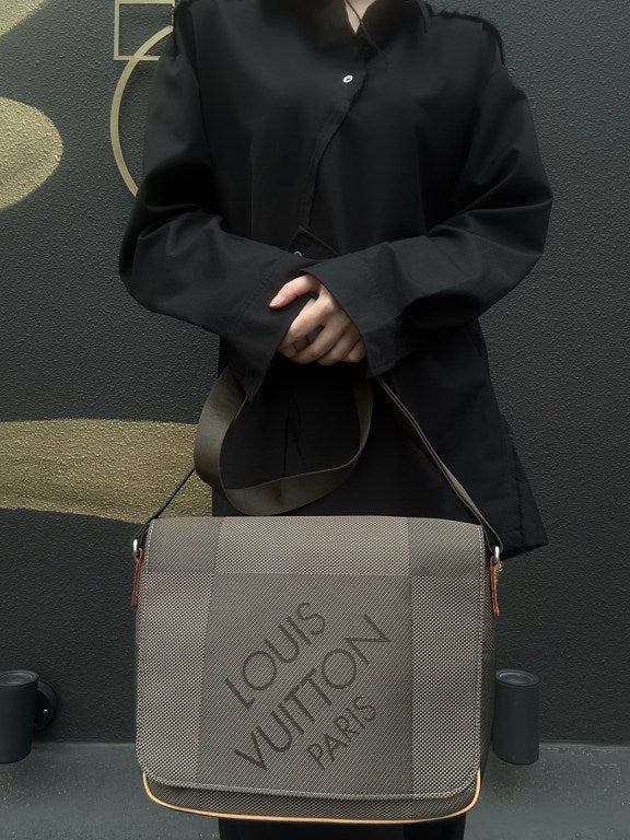 LOUIS VUITTON Damier Jeans Petit Message Shoulder Bag, Damier Jeans Canvas, Vachetta Leather, Damier Jeans Line, Taupe & Brown, LOEWE Gray Canvas Crossbody Bag