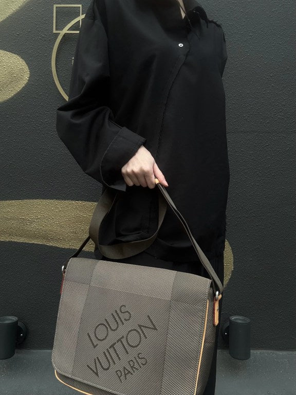 LOUIS VUITTON Damier Jeans Petit Message Shoulder Bag, Damier Jeans Canvas, Vachetta Leather, Damier Jeans Line, Taupe & Brown, LOEWE Gray Canvas Crossbody Bag