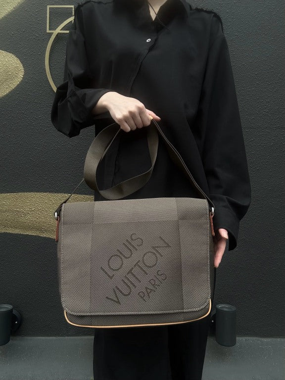 LOUIS VUITTON Damier Jeans Petit Message Shoulder Bag, Damier Jeans Canvas, Vachetta Leather, Damier Jeans Line, Taupe & Brown, LOEWE Gray Canvas Crossbody Bag