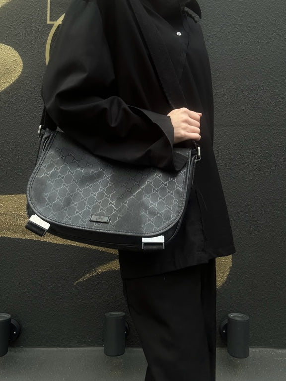 GUCCI GG Imprime Shoulder Bag Black Silver Hardware PVC Flap Crossbody Bag