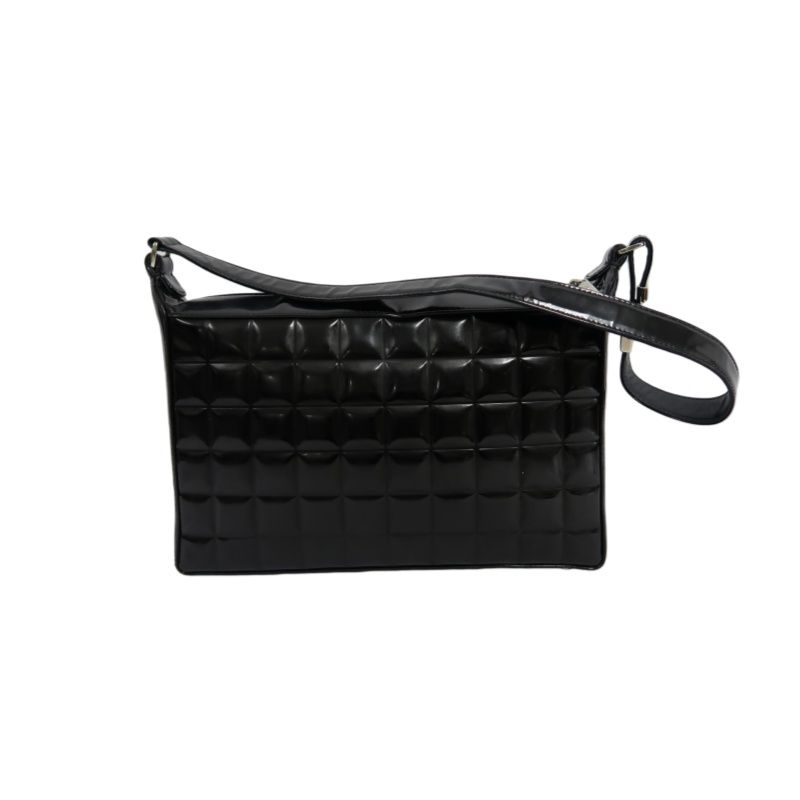 CHANEL Chocolate Bar Patent Leather Shoulder Bag Black Silver Hardware